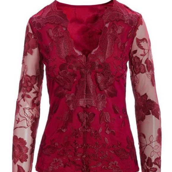 Scalloped Embroidered Lace Illusion Top XXS. XS - Picture 3 of 5